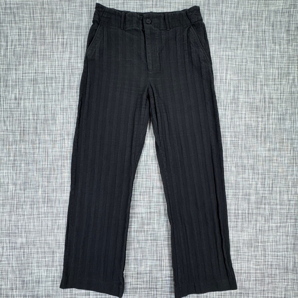 Zara Women's Black Pinstripe‎ Pants Large Straight Leg Trousers Textured Cotton
